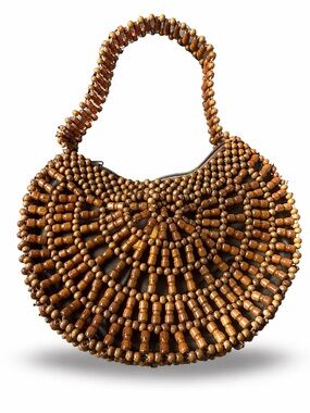 Vintage Wooden Bead Bag Boho Half Moon Purse Brown Textured Zip Handbag